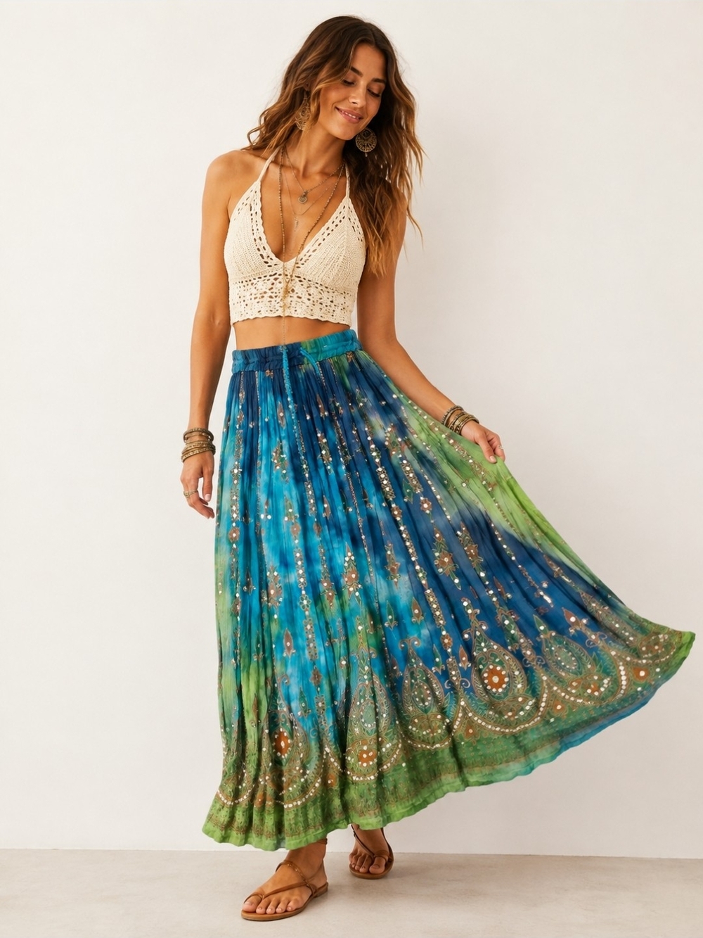 Earthbound Trading Co Y2K Boho Mirror Embellished Maxi Skirt India S
